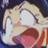 Pixelated close-up of a character with light-colored hair, wide eyes, and an open mouth showing pink tongue against dark background.