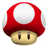 Pixelated red mushroom with white circular cap top, light brown stem base, two vertical black eyes with white highlights, static image on white background.