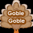 Pixelated turkey icon with brown feathers, orange legs, and a red-and-yellow beak; two versions show text overlays reading "Goble Goble" and "Happy Thanks Giving".