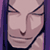 Pixelated close-up of a character's face with closed eyes, dark hair strands visible against purple background, and subtle facial features including nose and mouth.