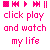Animated contact sheet of a pink text-based icon showing sequential frames with 'click play and watch my life' text, falling 'LL' characters, and repeated 'FALL' text in various positions across 17 sampled frames.