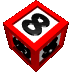 Red cube with black number 8 on white faces, rotating in a of six and five against gray background