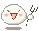Pixelated white circular character with pink cheeks and brown mouth, holding a pitchfork-like tool in two states: closed eyes on left, open eyes on right.