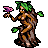 Pixel art character with tree-like body, green leafy hair, brown bark texture, holding a pink and purple object, standing against gray background.