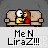 Pixel art of two figures on a beige couch, one in yellow shirt and red pants, the other in white shirt and red pants, with text below reading "MeN LiraZ!!!".