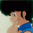 Pixelated anime character with brown hair and blue eyes in profile, wearing blue sleeveless top, against black background with white text.
