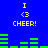 Blue background with yellow text and green bars; two identical sections display "I <3 CHEER!" above and below horizontal green bar patterns.