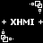 Black background with white pixelated symbols and text, featuring repeated 'XHMI' strings flanked by plus signs and small square-dot patterns in a