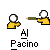 Pixelated cartoon figures in yellow shirts holding green objects, with text 'Al Pacino' below each pair, arranged in a on gray background