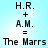 Static image with light blue background displaying text 'H.R. + A.M. = The Marrs' in four identical arranged in a