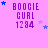 Pixelated purple text 'BOOGIE CURL 1284' on pink background with scattered blue and purple stars.