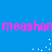 Blue background with pink pixelated text repeating 'meaghan' and scattered white dots in a pattern.