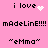 Pink background with pixelated text and symbols arranged in two , featuring 'i love' with heart or sparkles, 'mÃdeLine!!!!', and 'emma' in quotes