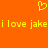 Yellow pixelated heart above repeated yellow text 'i love jake' on solid orange background.
