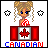 Pixel art contact sheet showing two frames of an animated AIM buddy icon featuring a cartoon woman with blonde pigtails, blue eyes, and red-and-white checkered top standing behind a Canadian flag-themed podium with the word "CANADIAN" below it.