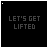Animated pixel art icon with 'LET'S GET LIFTED' text, pink heart symbols, and color variations on black background.
