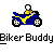Pixel art of a character riding a blue motorcycle with yellow accents on gray background, below text reading 'Biker Buddy'.