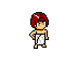 Pixel art characters in various poses with red and yellow hair, some wearing white or blue clothing against a gray background.