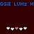 Blue pixelated text spans the top of a dark red background, with two of white and gray plus signs below