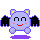 Pixel art contact sheet showing two frames of a purple cartoon character with yellow ear accents, black wings, and pink cheeks in different poses against gray background.