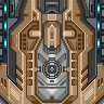 Pixel art of a symmetrical mechanical structure with brown and gray tones, featuring central circular patterns and teal accents on side panels.