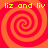 Four identical spiral patterns in red and orange with yellow text "liz and liv" at top and bottom, arranged in a on a solid red background