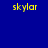Yellow text 'skylar' on blue background with green and blue gradient circles in four quadrants.