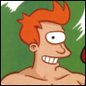 Pixelated cartoon character with orange spiky hair, one large white eye with black pupil, wide toothy grin, and green background with white motion lines.