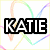 Pixelated black rectangular banner with white text 'KATIE' over a multicolored pixelated background of curved lines.
