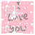 Pink square icon with gray text "I Love you" and scattered light gray plus signs on a pink background.
