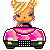Pixel art buddy icon showing a cartoon character driving a pink car in two animation frames with slight pose differences.
