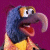 Pixelated cartoon bird with blue body, orange beak, and yellow feet against purple background, mouth open in mid-expression.