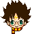 Pixel art of a character with spiky brown hair, round glasses, and a red-and-gold striped scarf in four expressions: two with open eyes showing green irises, two with closed eyes.