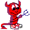 Red devil character with horns, tail, and white sneakers on gray background; animated sequence shows mouth open to blow smoke or fire from a pipe.