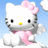 Static pixelated icon of a white cat-like character with black eyes, yellow nose, pink bow on head, and pink scarf against light blue background.