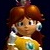 Pixelated character with brown hair in twin buns, wearing a yellow dress with white trim and a blue gem, holding a white object near the face against a dark background.
