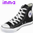 Four identical black high-top sneakers with white laces and rubber soles arranged in a , each labeled with purple text above or below