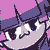 Pixelated character with dark blue hair and pink background, showing sequential facial expressions from neutral to smiling.