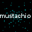 Animated text repeats 'mustachio' across a black background with scattered cyan particles, transitioning to a solid gray rectangle on the right.