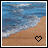 A 48x48 pixel beach scene with blue water, white waves, and brown sand featuring a heart symbol that changes from black to white between two frames.