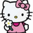 Pixelated white cat with black eyes and yellow nose, wearing pink dress and large pink bow, holding white flower with green stem.