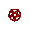 Red pentagram symbol with circular border in three views: front, side, and angled perspective on gray background.