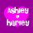 Four identical pixelated heart-shaped icons with white text 'Ashley' and 'Harvey' on a purple background, each containing a small heart symbol between the names.