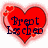 Two red heart-shaped icons with dark brown outlines and pink floral accents, each containing stylized text.