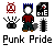 Pixel art composition with six distinct elements on gray background: red symbol, black hand, character, document, drill, and text.