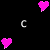 Pixelated hearts in pink, purple, and blue float above evolving text fragments spelling 'court' on a black background.