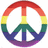 A static pixelated peace symbol rendered in rainbow colors with red at the top, yellow middle, green lower section, and blue-purple base.