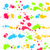 Pixelated static image of scattered colorful square and rectangular shapes in blue, green, red, yellow hues on white background.