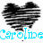 Pixelated heart-shaped icon with black and gray gradient, blue text reading 'Caroline' below, and a small black dot at the bottom center.