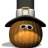 Animated pumpkin-shaped character wearing a pilgrim hat with black brim, white band, and gold buckle; eyes shift from wide open to squinted expression.